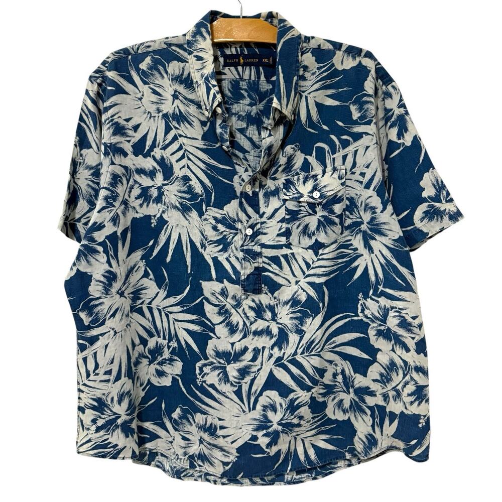 Ralph Lauren | Shirt Short Sleeve Blue Floral Linen Tropical Travel- Size XXL